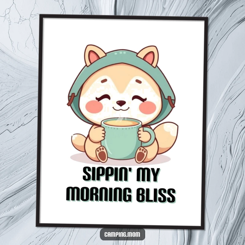 Funny camping mom animal enjoying a steaming mug, perfect for instant decor and a relaxed vibe.