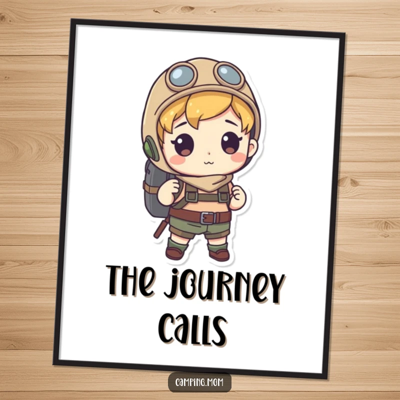 Funny digital art print of an explorer character with a backpack, symbolizing adventure and exploration with instant humorous appeal. Ideal funny gift.