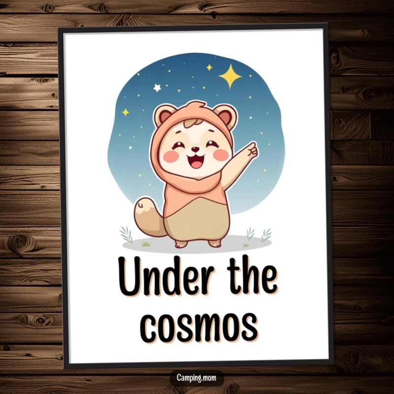 Funny camping mom digital art print of an animal mom happily pointing at a vast, starry night sky, evoking wonder.
