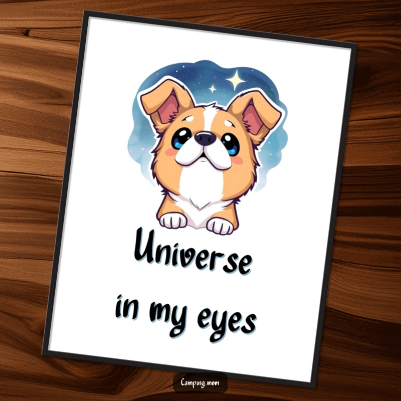 Funny Dog Digital Art: A printable artwork of a dog with sparkling eyes gazing in awe at a beautiful, vast starry night sky.