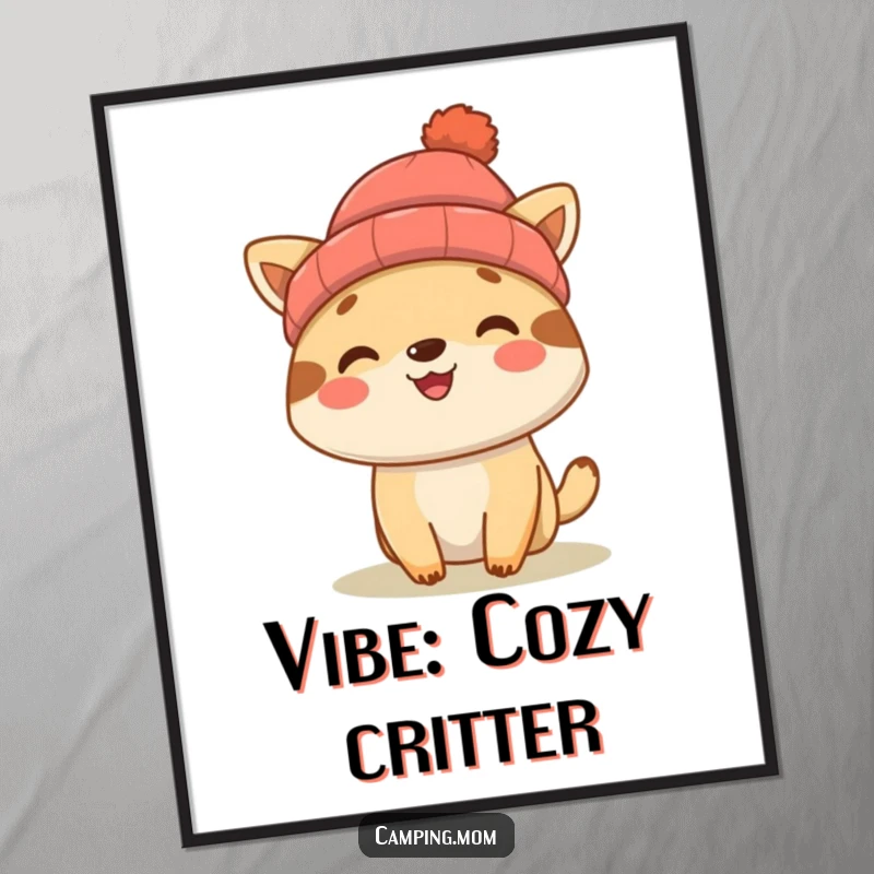Funny camping animal character wearing a beanie, smiling brightly, available as a downloadable digital art print.