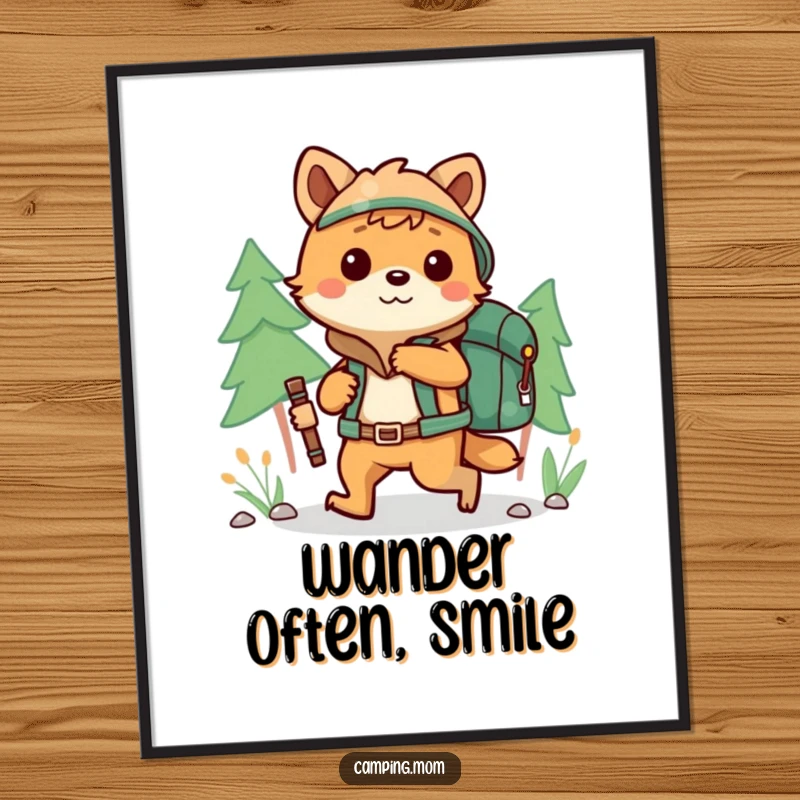 Funny camping animal character hiking with a backpack, available as downloadable digital art for walls.
