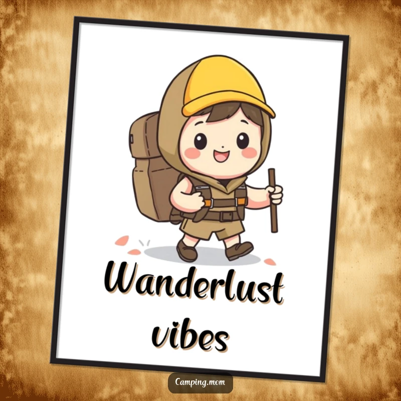 Funny Kawaii hiker digital art print of a happy character with a backpack and a huge grin, ready to hike.