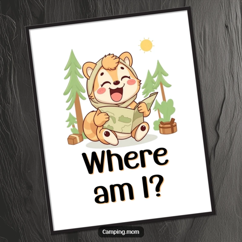 Funny camping mom digital art print of an animal laughing while trying to unfold a map, instant adventure art.