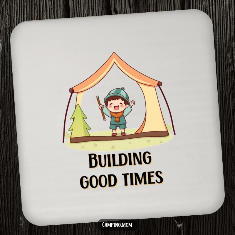Funny drink coaster depicting a joyful camping character hilariously setting up a tent with comically oversized poles.