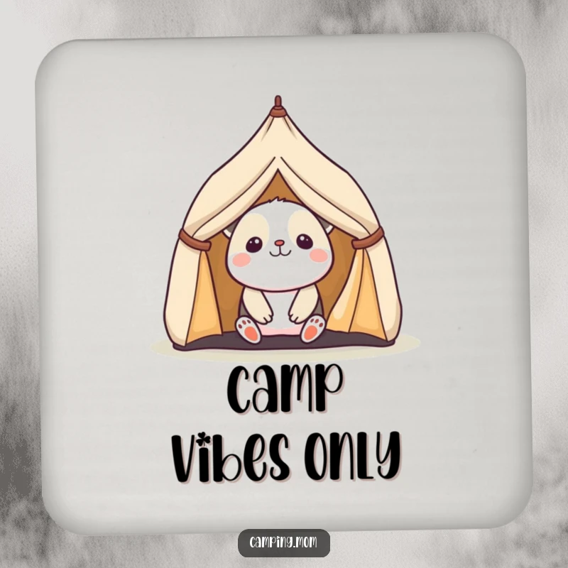 Funny coaster with a kawaii camping animal peeking out of a tent, adding a charming and protective touch.