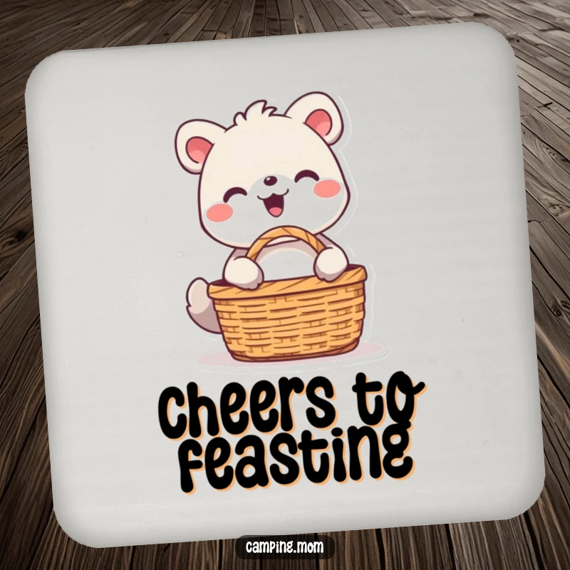 Funny animal character beaming with delight, unpacking a picnic basket, printed on a drink coaster for a cheerful touch.