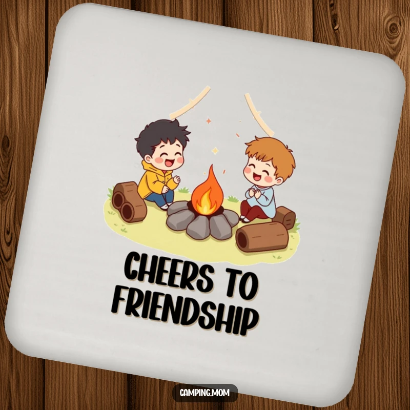 Funny drink coaster with characters laughing around a campfire, perfect for protecting surfaces with a humorous and warm theme. Great funny gift.