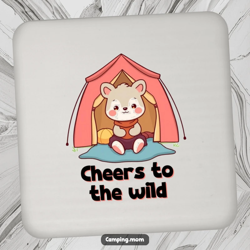 Funny camping mom animal character coasters with a happy mom setting up a tent, protecting surfaces humorously.
