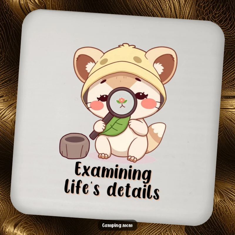 Funny camping mom animal with a magnifying glass, examining a leaf, protecting surfaces with a smile.