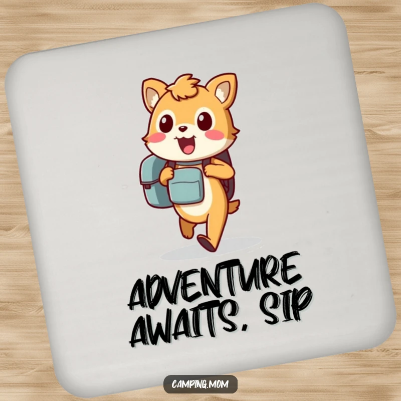 Funny animal coasters with an excited character carrying a backpack, walking eagerly, adding humor to surfaces.
