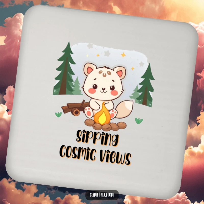Funny animal coasters with a joyful character sitting by a campfire, gazing at stars, adding humor to surfaces.