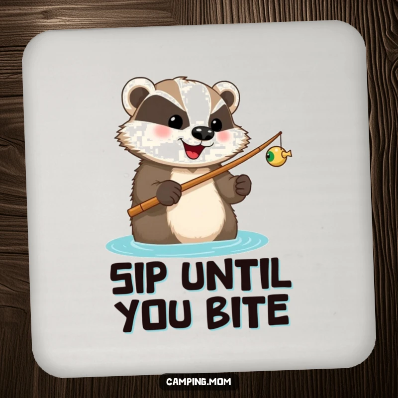 Funny drink coasters featuring a happy badger with a fishing rod, looking forward to a catch, for protective angling humor.