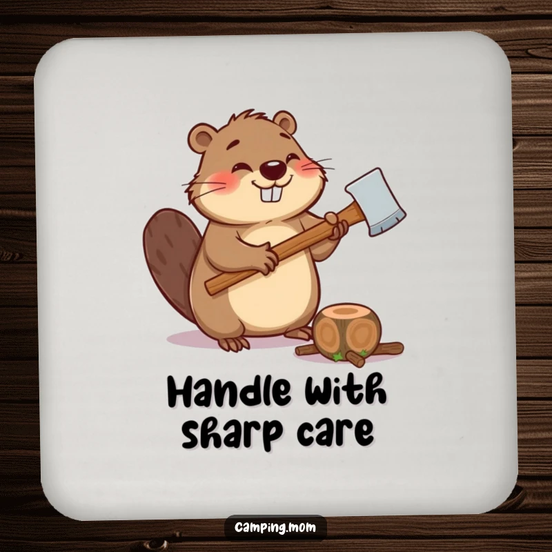 Funny drink coasters featuring a giggling beaver holding an axe, ready to chop a log, for protective humor.