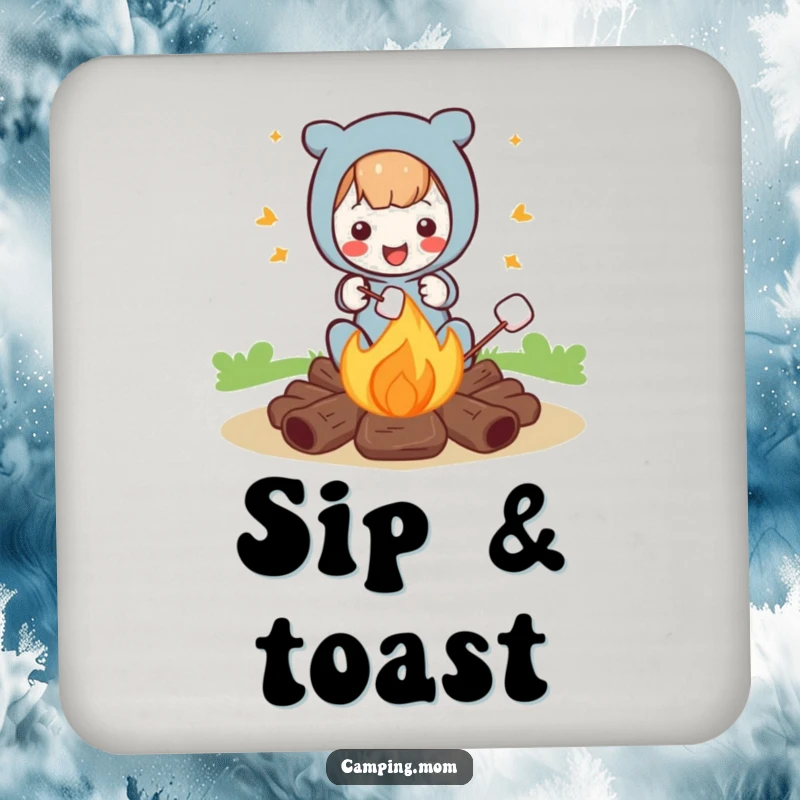 Funny drink coaster featuring a character roasting marshmallows over a campfire, adding a humorous touch to beverage service.