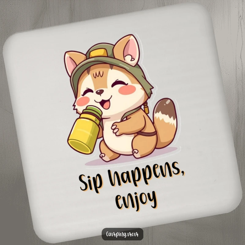 Funny camping animal character happily sipping from a canteen, featured on a protective and humorous drink coaster.