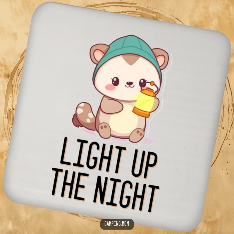 Funny camping animal character holding a glowing lantern, featured on a protective and humorous drink coaster.