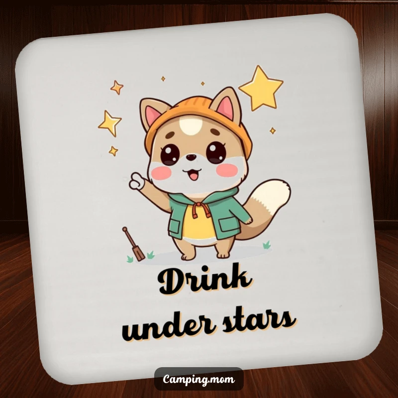 Funny camping animal character pointing at a starry night sky, featured on a protective and humorous drink coaster.