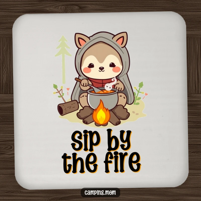 Funny camping mom animal character coasters with a happy mom stirring stew over a campfire, protecting surfaces humorously.