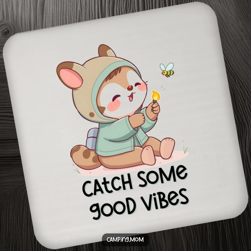 Funny camping mom animal playfully swatting at a firefly, protecting surfaces with a smile.