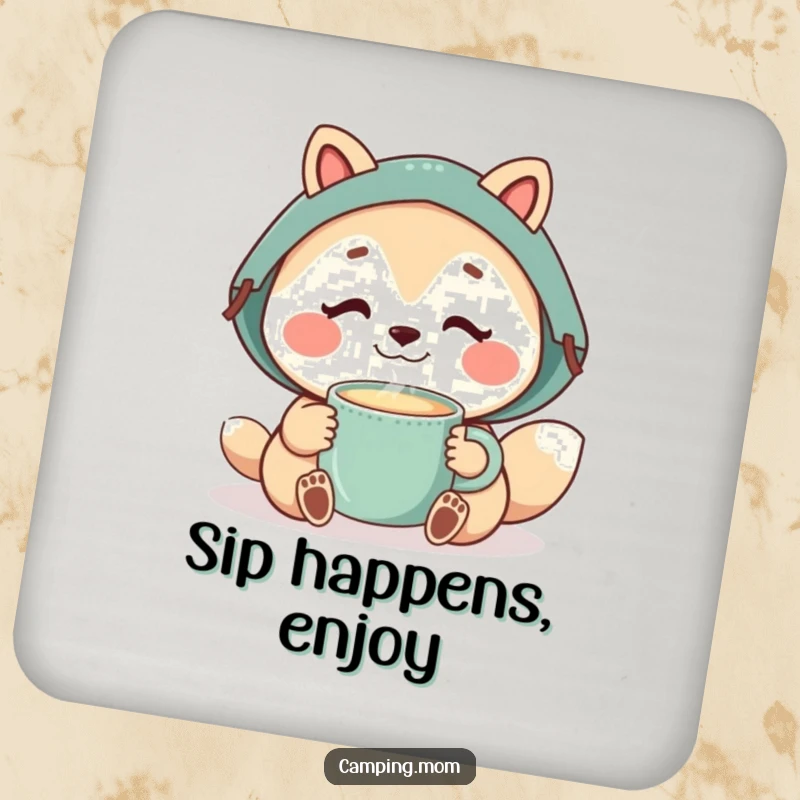 Funny camping mom animal enjoying a steaming mug, protecting surfaces with a smile.