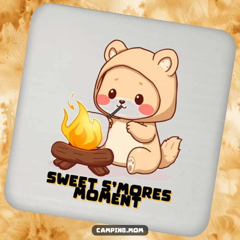 Funny camping mom drink coaster, depicting an animal mom roasting a perfectly golden marshmallow, protecting surfaces with style.