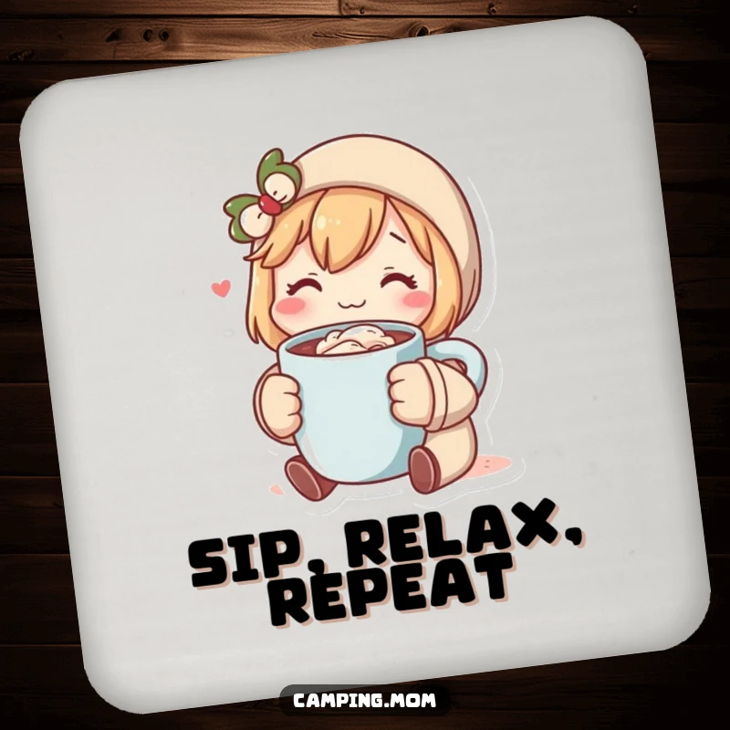 Funny drink coaster featuring a cozy character with a hot cocoa, protecting surfaces with a humorous and charming design. Great funny gift.