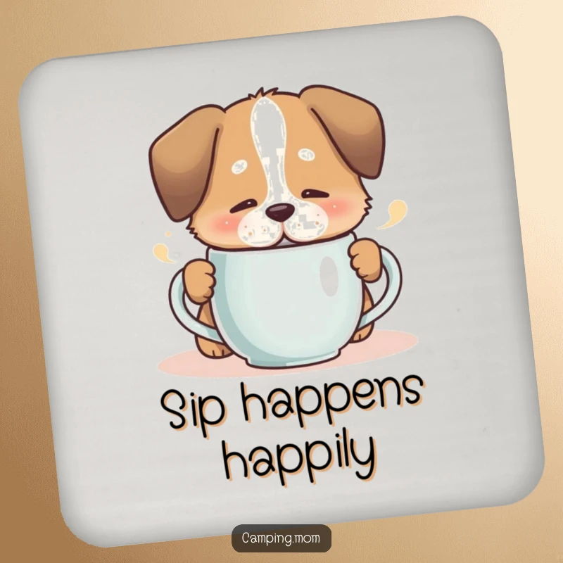 Funny dog sipping from a steaming mug with a contented sigh, featured on protective drink coasters.