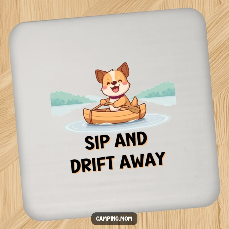 Funny Dog Coaster: A coaster featuring a happy dog paddling a small canoe across a calm, reflective lake.
