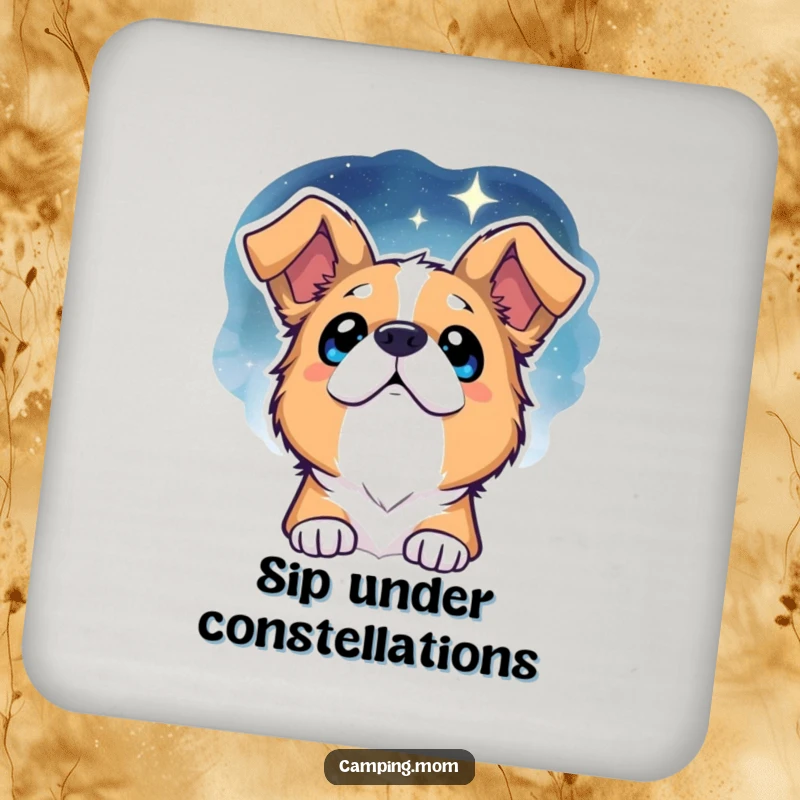 Funny Dog Coaster: A coaster featuring a dog with sparkling eyes looking up at a magnificent starry night sky.