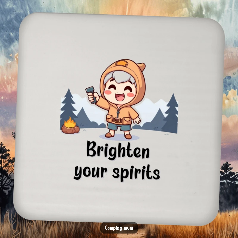 Funny drink coaster depicting a happy camping character in a dramatic pose, illuminated by a flashlight beam.