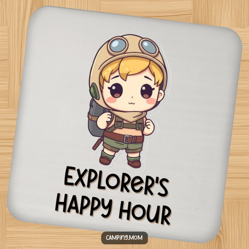 Funny drink coaster with an explorer character and backpack, perfect for protecting surfaces with a humorous adventure theme. Great funny gift.