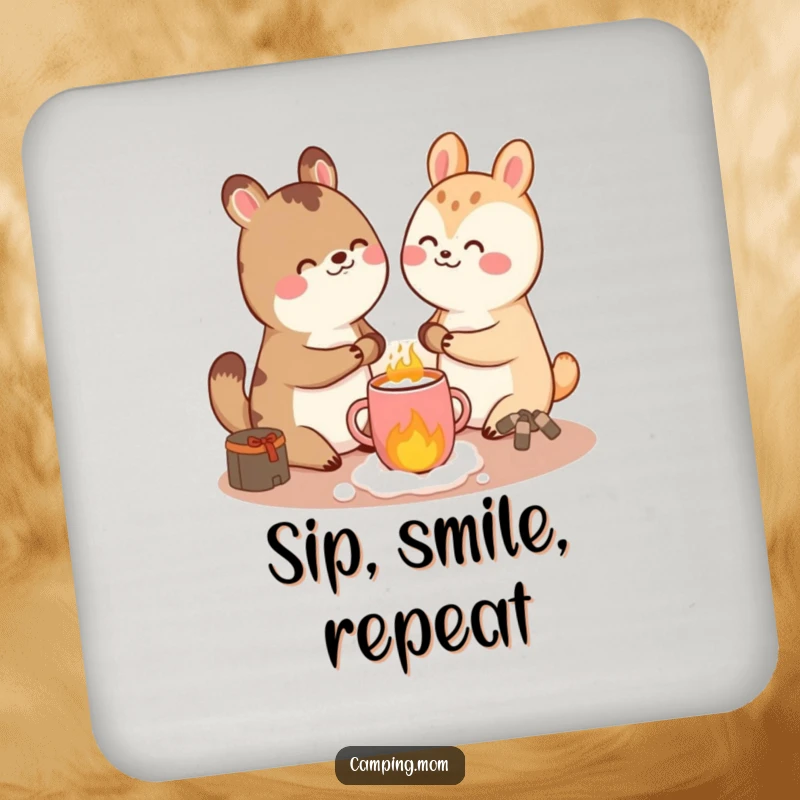 Funny giggling animal character enjoying hot cocoa, printed on a drink coaster, adding humor to your table setting.