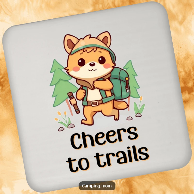 Funny camping animal character hiking with a backpack, on a protective drink coaster.
