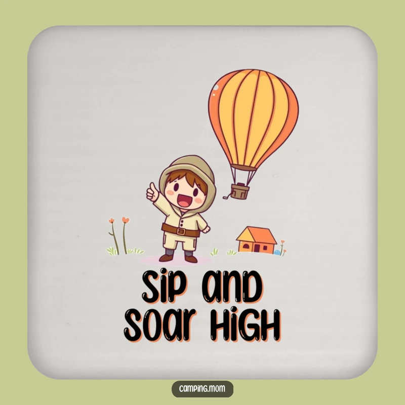 Funny Hot Air Balloon Coaster: Whimsical Character Points Up, A Protective Funny Gift.