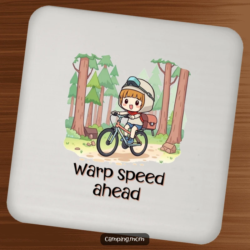 Funny Coaster: Kawaii camping character bicycling with glee through a forest, protecting surfaces.