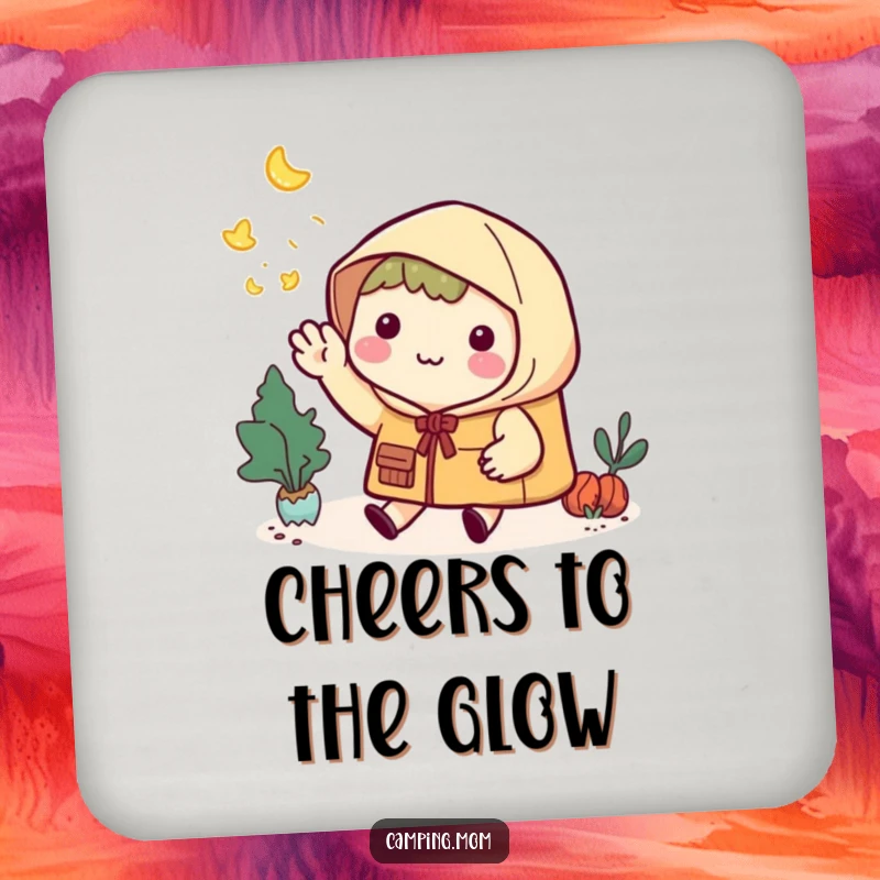 Funny Coaster: Kawaii camping character smiling and waving goodbye to fireflies, protecting surfaces.