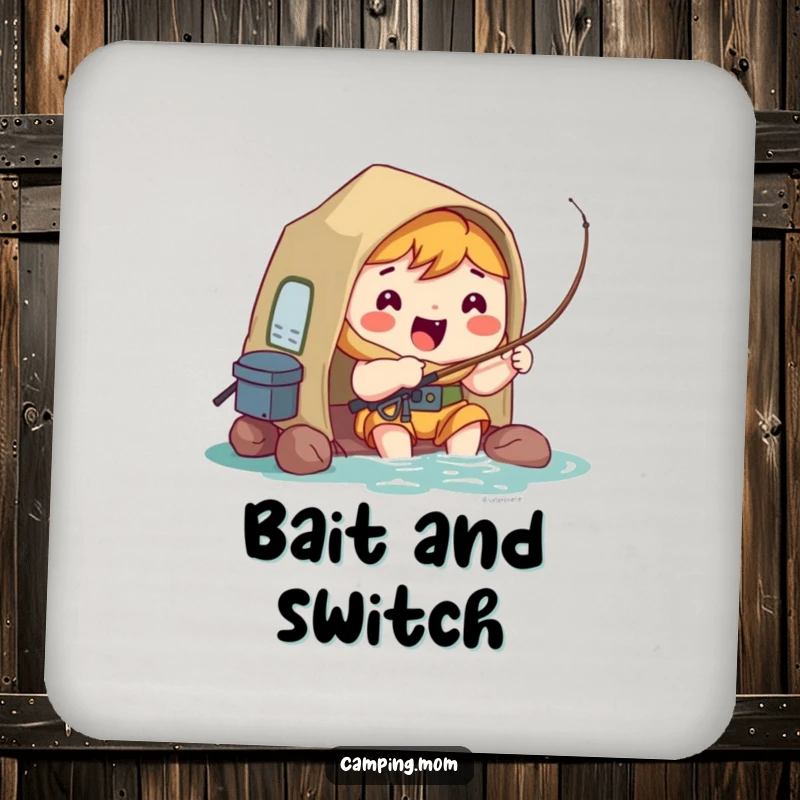 Funny Coaster: Kawaii camping character fishing with a hopeful, excited expression, protecting surfaces.