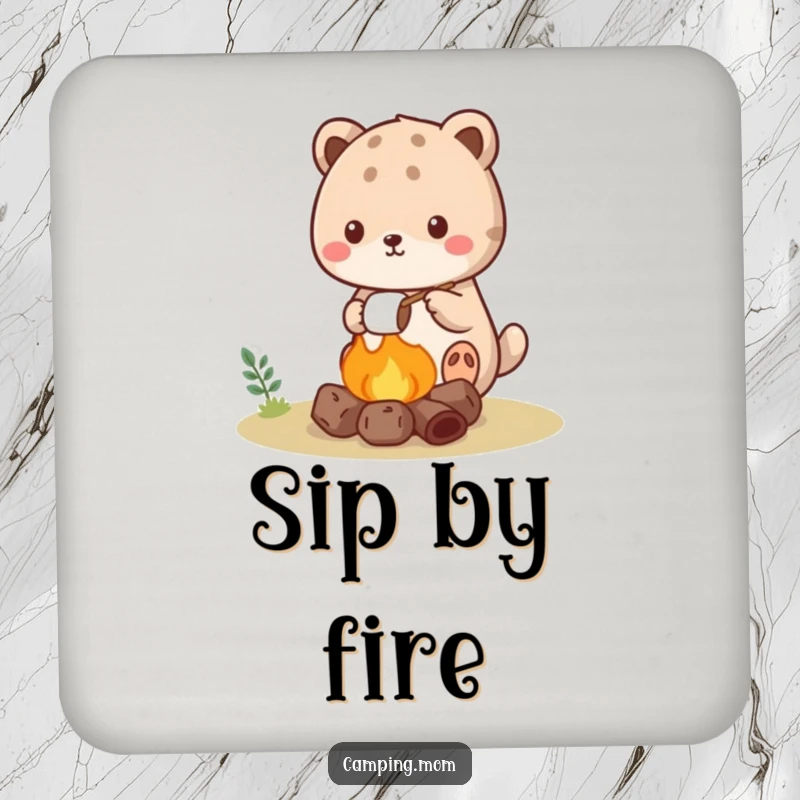 Funny kawaii camping animal coaster showing a cute creature roasting a marshmallow over a tiny campfire.