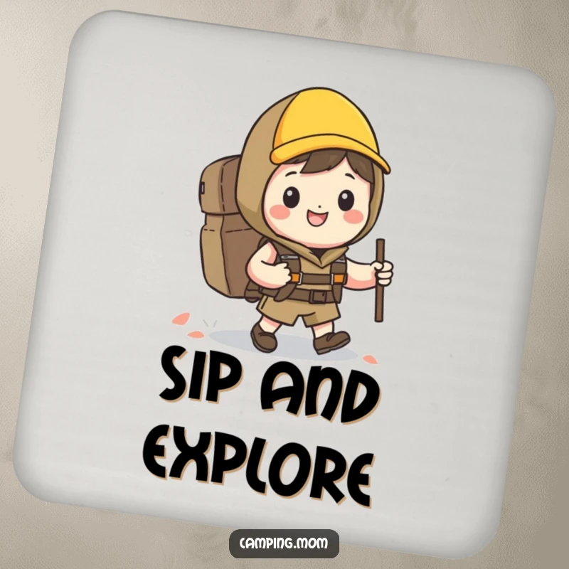 Funny Kawaii hiker drink coaster featuring a happy character with a backpack and grin, protecting surfaces.
