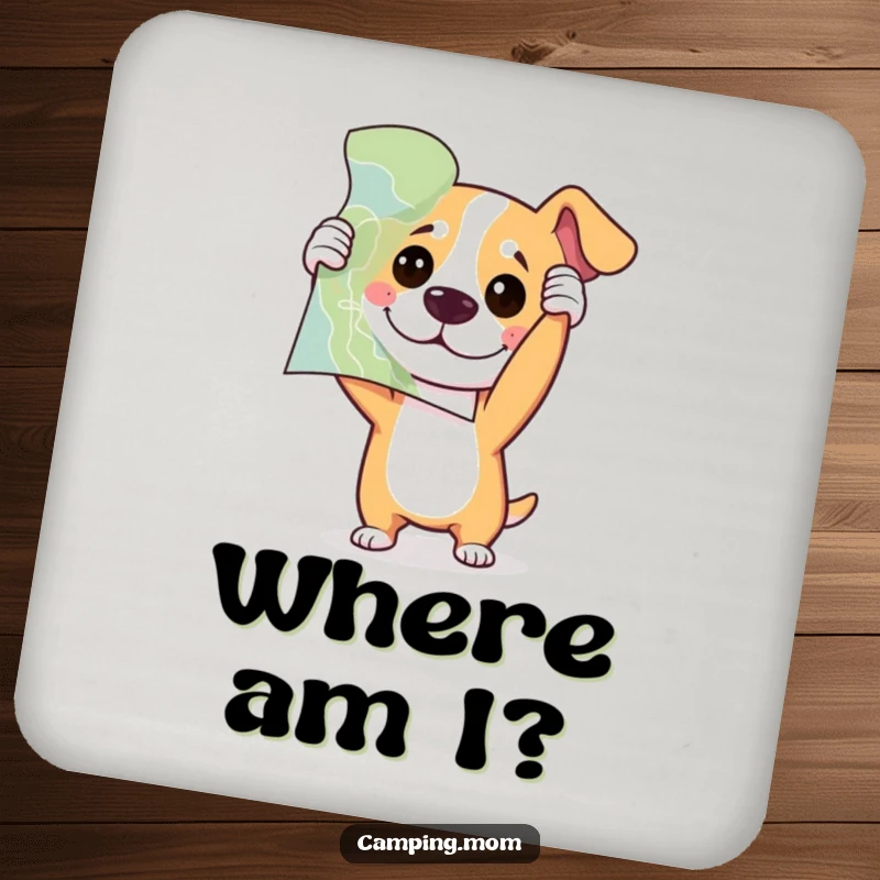 Funny dog holding a map upside down with playful confusion, featured on protective drink coasters.
