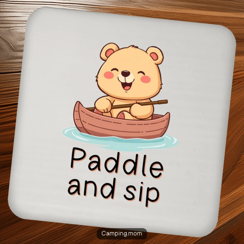 Funny coasters featuring a cheerful mama bear giggling in a canoe, protecting surfaces with aquatic charm.