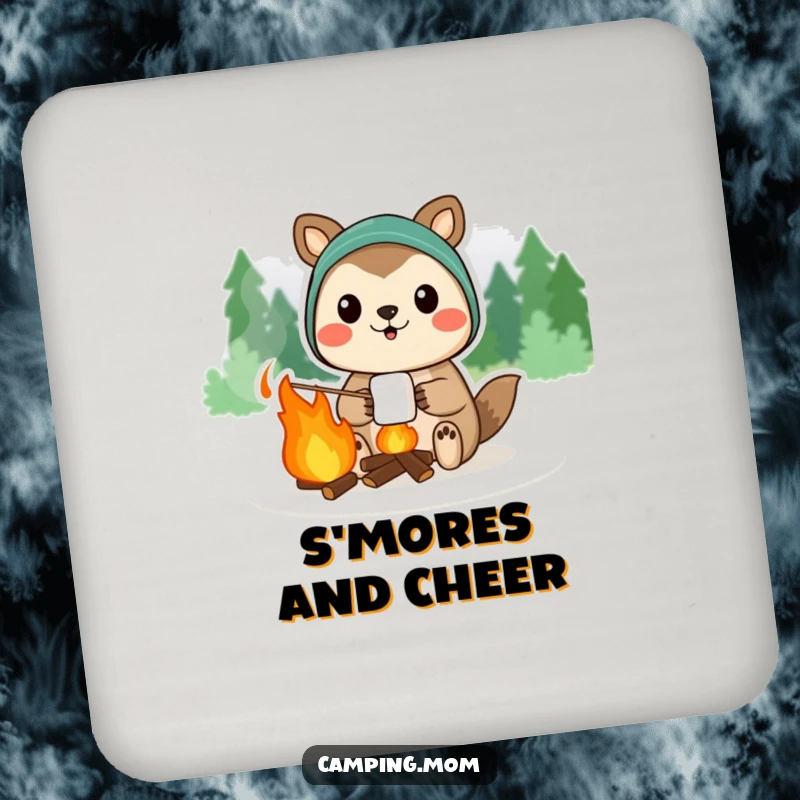 Funny camping animal character proudly displaying a campfire marshmallow, on a protective drink coaster.