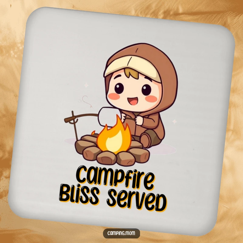 Funny drink coaster depicting a smiling camping character roasting a marshmallow over a warm, crackling campfire.