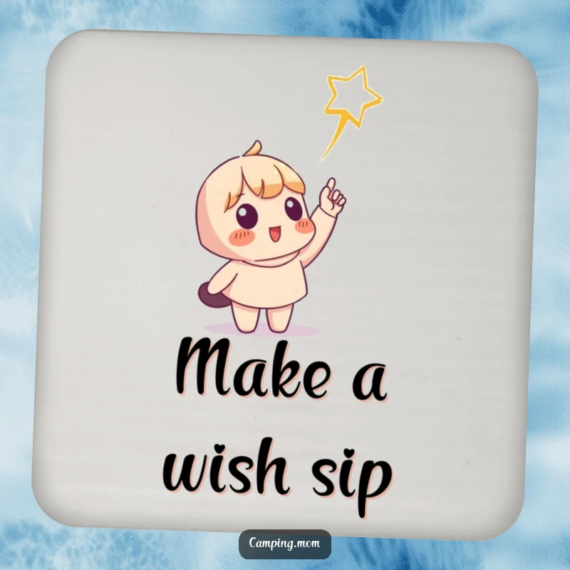 Funny drink coaster with a character pointing at a shooting star, perfect for protecting surfaces with a humorous and magical theme. Great funny gift.