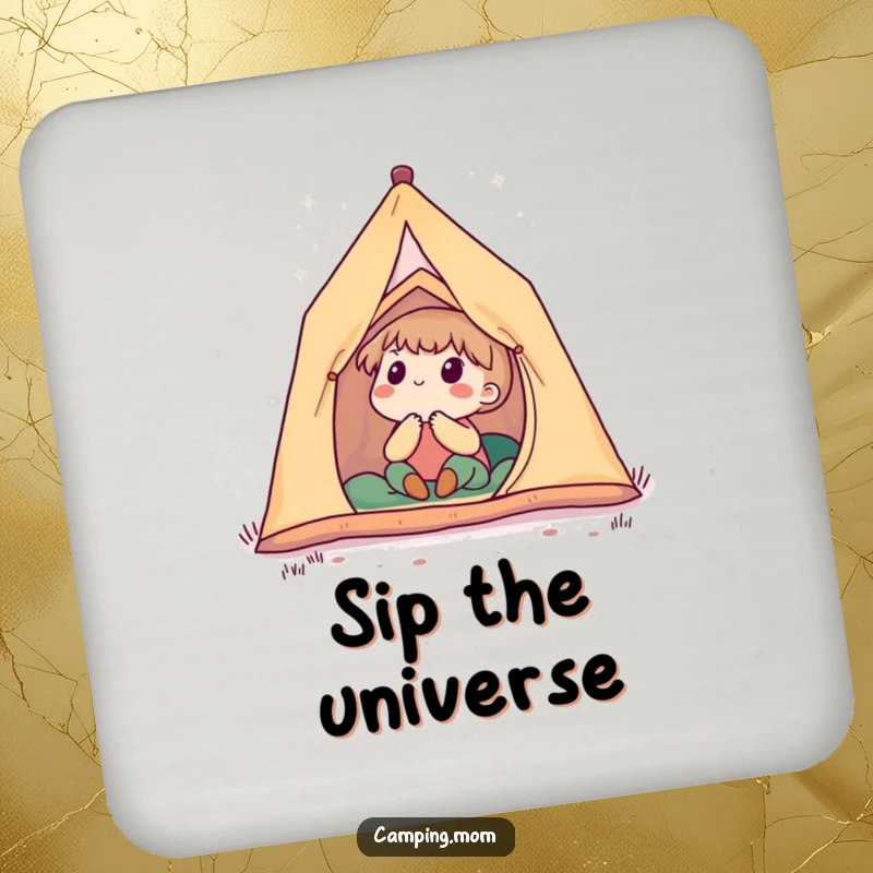 Funny drink coaster depicting a cute camping character in a tent, looking up in awe at a beautiful, starry night sky.