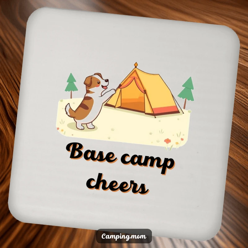 Funny dog pointing at a tent with excitement, featured on protective drink coasters for home or RV.