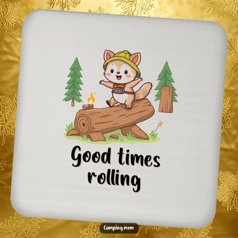 Funny camping animal character gleefully skipping over a log, on a protective drink coaster.