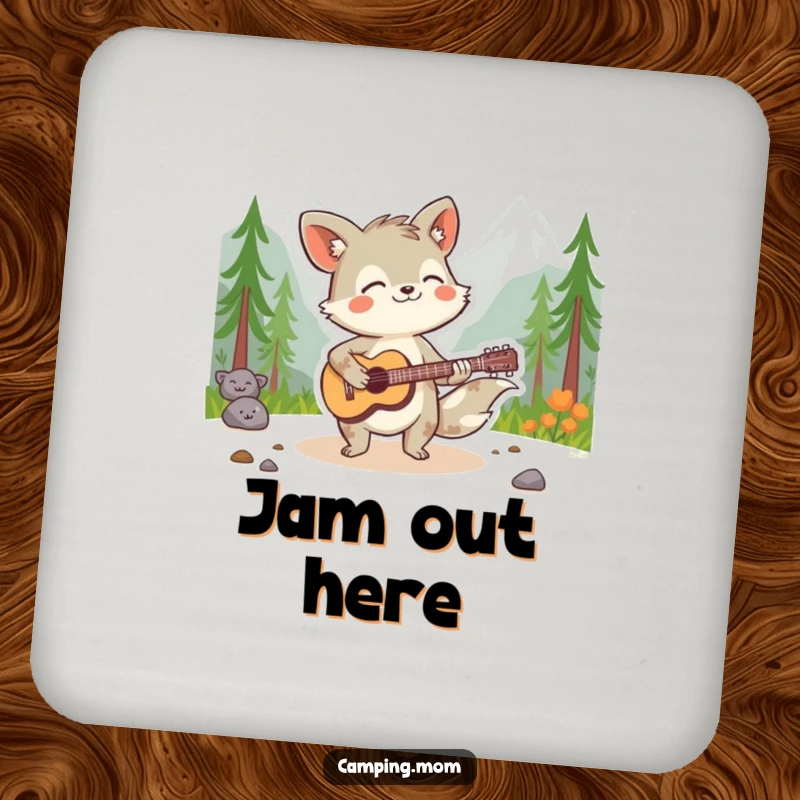Funny animal character playing a guitar in a wilderness scene, printed on a drink coaster for a musical touch.
