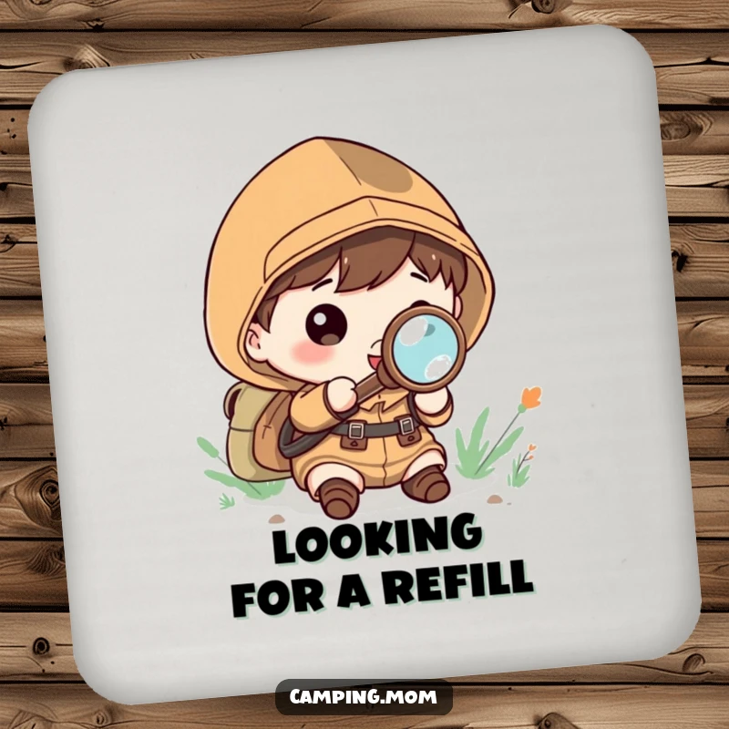 Funny Coaster: Kawaii camping character using a magnifying glass to explore, with a look of wonder.